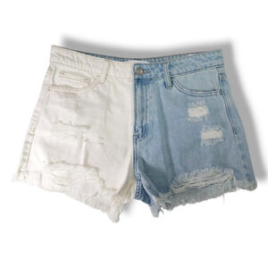 EUC Vervet Color Block High Rise Destructed Stretch Jean Shorts Sz. M White Blue